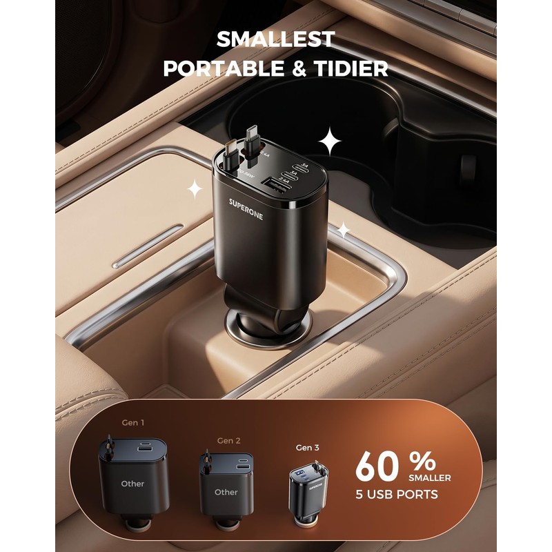 SUPERONE 5 in 1 Retractable Car Charge with Dual Type