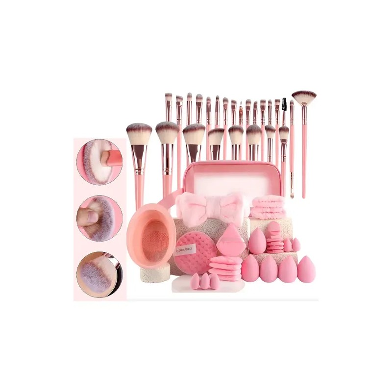 67pcs Brochas Maquillaje Profesional Esponjas Neceseres Rosa