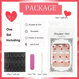 Valentine’s Day Press on Nails Short Square French Heart Fake Nails Coffin Full Cover Glue on Nails with Little Red Heart Design Valentines Acrylic Nail Kits Glossy Artificial Press on Nails for Women