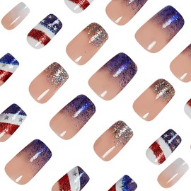 4th of July Press on Nails Short Square Fake Nails Blue Glitter Patriotic Nail Tips USA Flag White Gradient Glue on Nails Reusable Acrylic False Nails for Women Independence Day Manicure Art