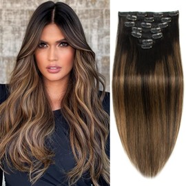 Dark Highlight Clip in Hair Extensions Ombre Real Human Hair Natural Black Mix Chestnut Brown 18 Inch 7pcs 120g Remy Human 16 Clips Ins Double Weft Straight Hair Extensions for Woman