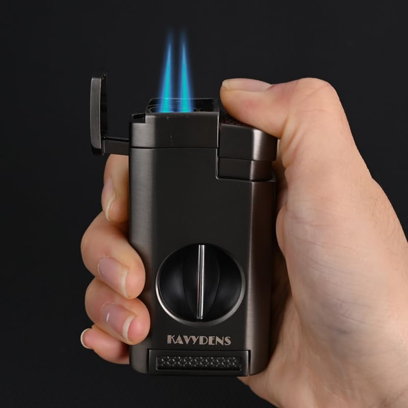 KAVYDENS Triple Jet Torch Lighter with Deep V-Cut Cigar Cutter