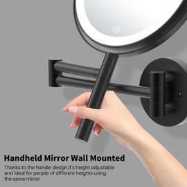 LANSI 8" Wall Mounted Makeup Mirror with Handle, 3 Color Lights Dimmable and 1X/10X Magnification, Rechargeable Bathroom Wall Mount Magnifying Mirror with Extension Arm Height Adjustable Black