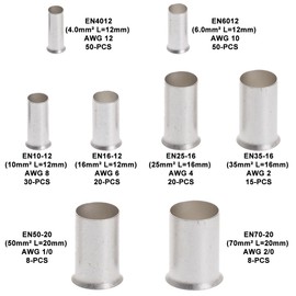 201 PCS Copper Wire Ferrules Pin Terminals Eelctrical Cable End Tinned Matte Tin Plated Assortment Kit 8 Sizes Gauge 12 10 8 6 4 2 1/0 2/0