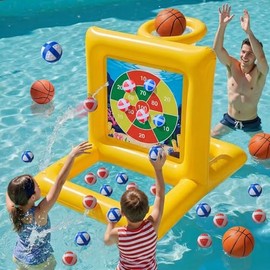 Pool Toys for Kids & Adults, 2-in-1 Pool Basketball and Dart Board Game Set, Family Summer Water Games for Kids Ages 6+ and Adults, Backyard Pool Party Games, Yellow