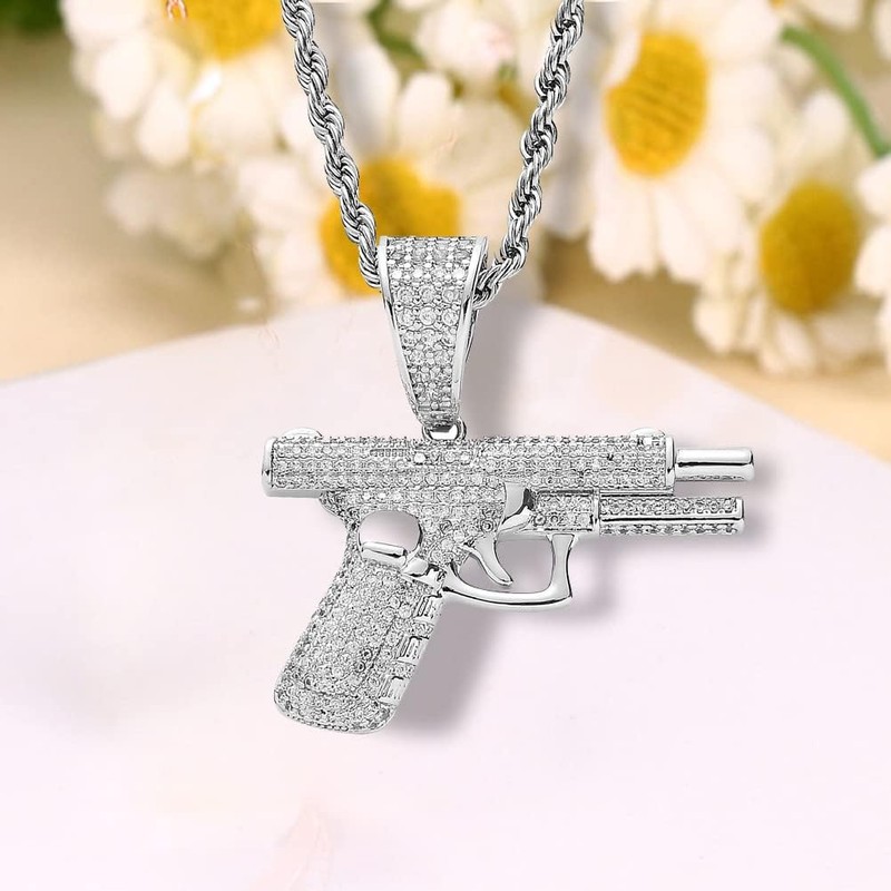 Hip Hop Zircon Pistol Pendant Necklace Stainless Steel Rice Rope