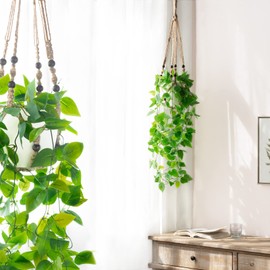 Mkono Fake Hanging Plant with Pot, Artificial Plants for Home Decor Indoor Macrame Plant Hanger with Faux Vine Hanging Planter Greenery for Bedroom Bathroom Kitchen Office Decor, Brown (Pothos)