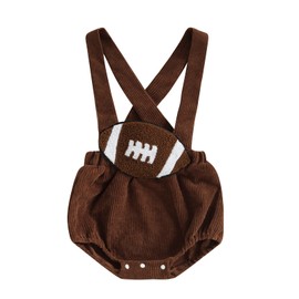 Newborn Baby Boy Girl Football Outfit Rugby Embroidery Corduroy Overall Shorts Backless Bubble Romper Cute Jumpsuit (Coffee, 3-6 Months)