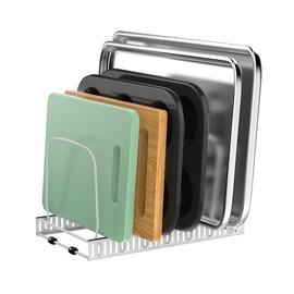 Housolution Cutting Board Organizer Rack, Baking Tray and Cookie Sheet Organizer with 7 Adjustable Dividers, Bakeware Muffin Tin Cupcake Pan Storage Organizer for Cabinet, White