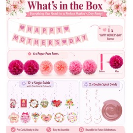 Mother's Day Decorations Set - Happy Mother's Day Glitter Banner, 6Pcs Paper Pom Poms, 14Pcs Hanging Swirls with Flower Cutouts - Pink Floral Party Supplies for Home, Office, Classroom