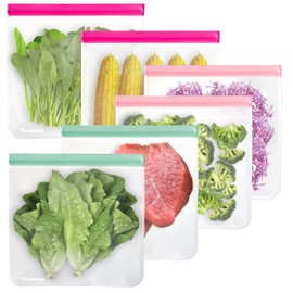 6 Pack Large Size 11 inches Reusable food Storage Bags,BPA Free PEVA Reusable Freezer Bags,Reusable Gallon Bags, Reusable Sandwich Bags (Colors-6 Pack)