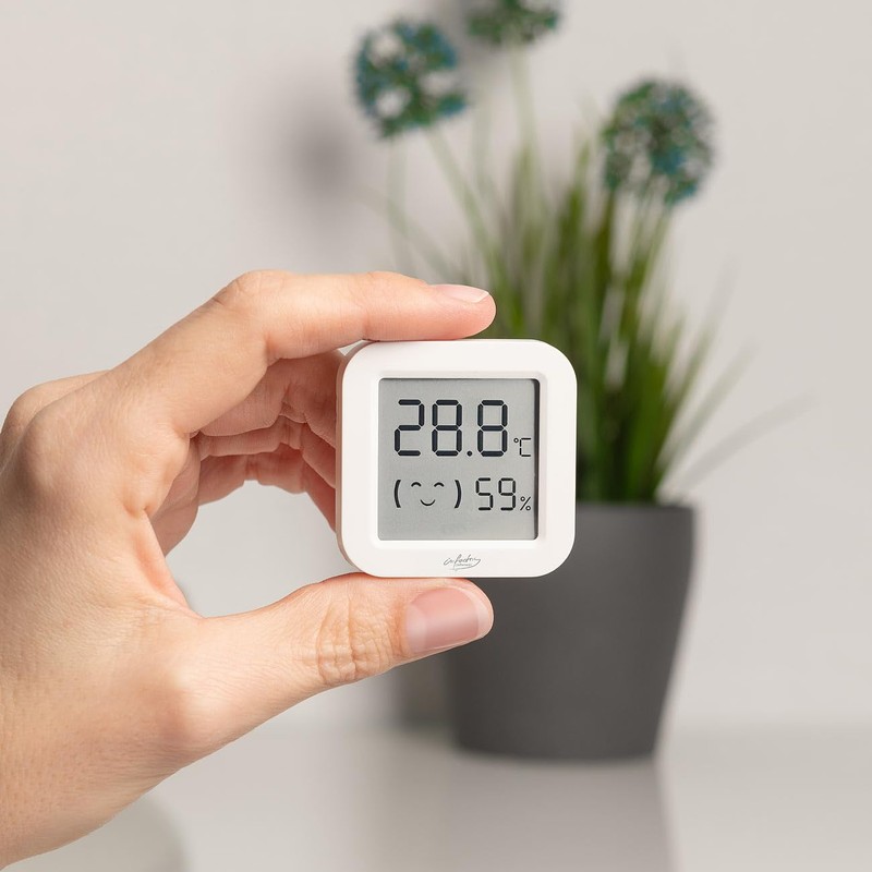infactory Luftfeuchtigkeitsmesser: 6er-Set Mini-Thermo-/Hygrometer, Komfort-Anzeige, LCD, Bluetooth, App (Innenraum Thermometer,