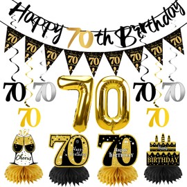 Guiruiy 13PCS 70th Birthday Decorations for Men Women, Black Gold Happy 70 Birthday Banner Centerpieces Swirls Balloons Kit Party Supplies, Seventy Years Old Bday Ceiling Table Topper Decor
