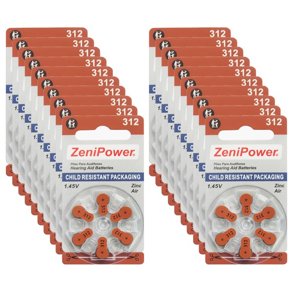 ZeniPower Size 312 Mercury Free 1.45V Hearing Aid Batteries Zinc