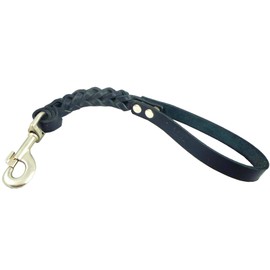 Dogs My Love Black Leather Braided Dog Short Traffic Leash 12" Long 4-Thong Square Braid for Large Breeds