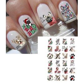 Christmas French Bulldog- Nail Art Decals - Waterslide Nail Decals (Adult 0.4" inches)