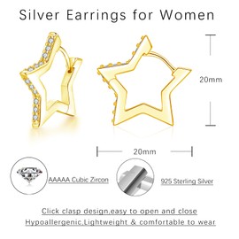 Cangall Silver Hoop Earrings for Women Girls, Sterling Silver Star Hoop Earrings with White Zircon, Sweet Love Pentagram-Shape Earrings Gold, Hypoallergenic Cute Cartilage Sleeper Silver Earrings