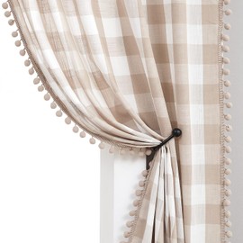Tan Buffalo Plaid Curtains Pom Pom Window Curtains for Living Room Bedroom 40 x 54 Inch Rustic Farmhouse Gingham Check Pattern Linen Semi Sheer Drapes Taupe and White Window Panels, Pencil Pleat, 2pcs