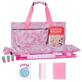 Set de Mahjong Americano GUSTARIA, 166 Azulejos Rosados (3 cm), 4 Estanterías/Empujadores de Color Todo en Uno y Bolsa con Cordón, Set Completo de Mah