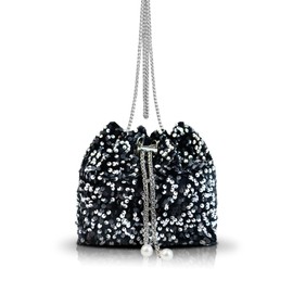 AfitLulu Glitter Bucket Bags for Women, Sparkly Purses with Hardware Chain Drawstring and Detachable Chain, Sequin Purses (Silver)