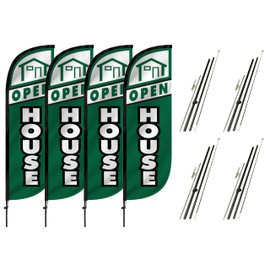 LookOurWay Feather Flag Set 4-Pack - 5ft Tall Open House Sign for Real Estate Advertising - Includes 4 Banner Flags, 4 Pole Sets, and 4 Ground Spikes (Green,10M5000078)