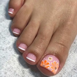 French Tip Press On Toenails Short Square Fake Toenails Pink False Toenails With Flower Design Full Cover Stick On Toenails Glossy Acrylic Toenails Summer Glue On Toe Nails For Women 24pcs
