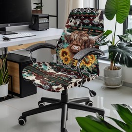 Garucesta Printed Office Chair Cover Breathable Desk Chair Slipcover Stretchable Computer Chair Protector Washable Rotating Chair Slipcover for Home Office Decor, L, Aztec Sunflower Highland Cow Print