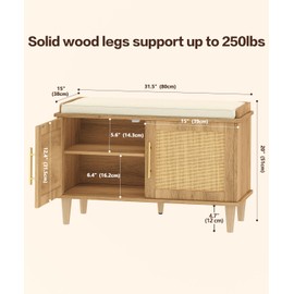 Akxomel Rattan Shoe Storage Bench with Cushion, 2-Tier Entryway Bench with Adjustable Shelves and 2 Doors, 15" D x 31.5" W x 20" H, Solid Wood Legs, for Hallway, Living Room, Bedroom, Natural Oak