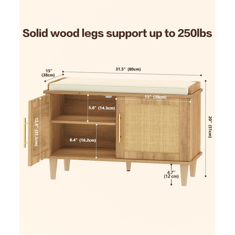 Akxomel Rattan Shoe Storage Bench with Cushion, 2-Tier Entryway Bench