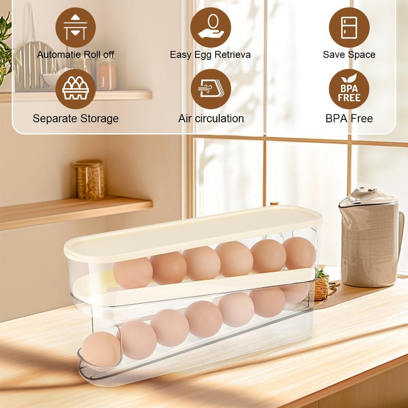 HOTUT Egg Container for Refrigerator, 2-Tier Automatic Egg Holder for
