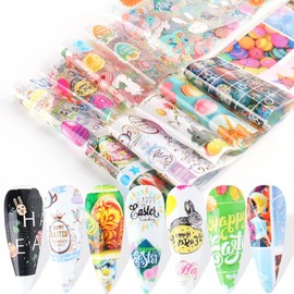 Holographic Nail Foil Transfer Stickers Decals, Easter Rabbit Nail Polish Sheets Sky Starry Paper Transfer Foils Cartoon Eggs Nails Supplies for Nail Transfer Glue Women Manicure Nail Film Decorations