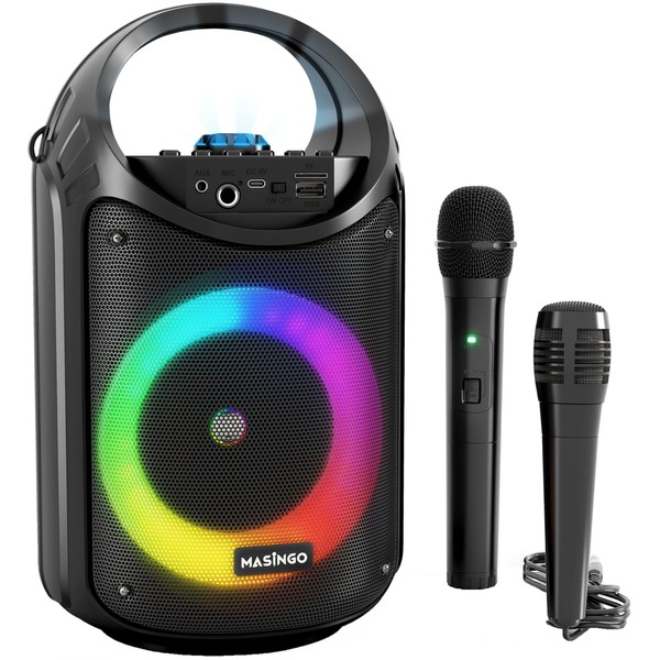 MASINGO Karaoke Machine for Kids and Adults with 1 Wireless Karaoke Microphone and 1 Wired Mic, PA Portable Speaker with LED Lights, Supports TF Card/USB, AUX/MIC in, TWS for Home Party, Burletta C10