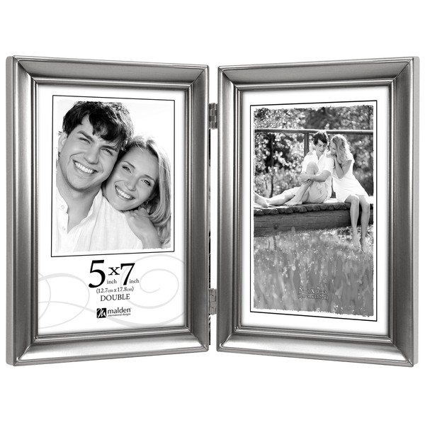 Malden International Designs Concourse Pewter Metal Hinged Picture Frame, Double Vertical, 2-5x7, Silver