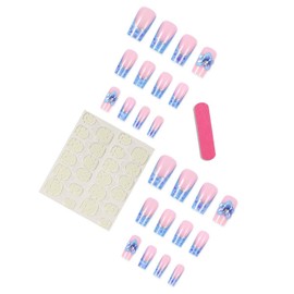 Press on Nails French Tip Medium Square Fake Nails Floral False Nails with Gold Glitter Designs Ripples Summer Stick on Nails Blue Glue on Nails for Women Girls 24Pcs