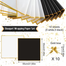 10 Blatt Blumenpapier mit 10 Band, Blumenstrauss Papier, Schwarz und Weiß Bouquet Papier, Flower Wrapping Paper, Wasserdicht Blumenstrauß Geschenkpapier, für DIY, Handwerk, 55x55cm