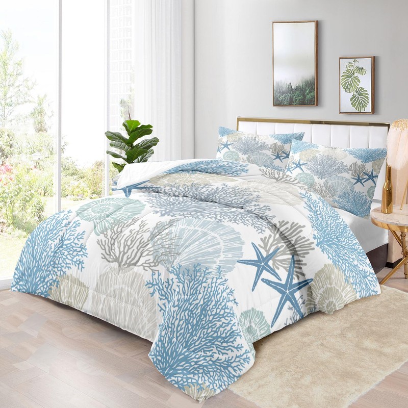 Yilinata Coastal Comforter Set Summer Beach Blue Shells Printed Pattern