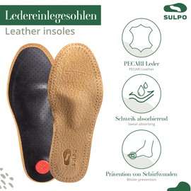 SULPO Orthopaedic Leather Insoles for Sweaty Feet, Forefoot Pain and Countersunk Splayfoot, Insoles with Activated Carbon for Transverse and Longitudinal Flat Foot, Size 45