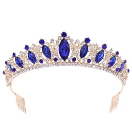 Vintage Crystal Tiaras and Crowns Queen King Pageant Baroque Diadem Women Headpiece Wedding Bride Hair Jewelry Accessories (royal blue)
