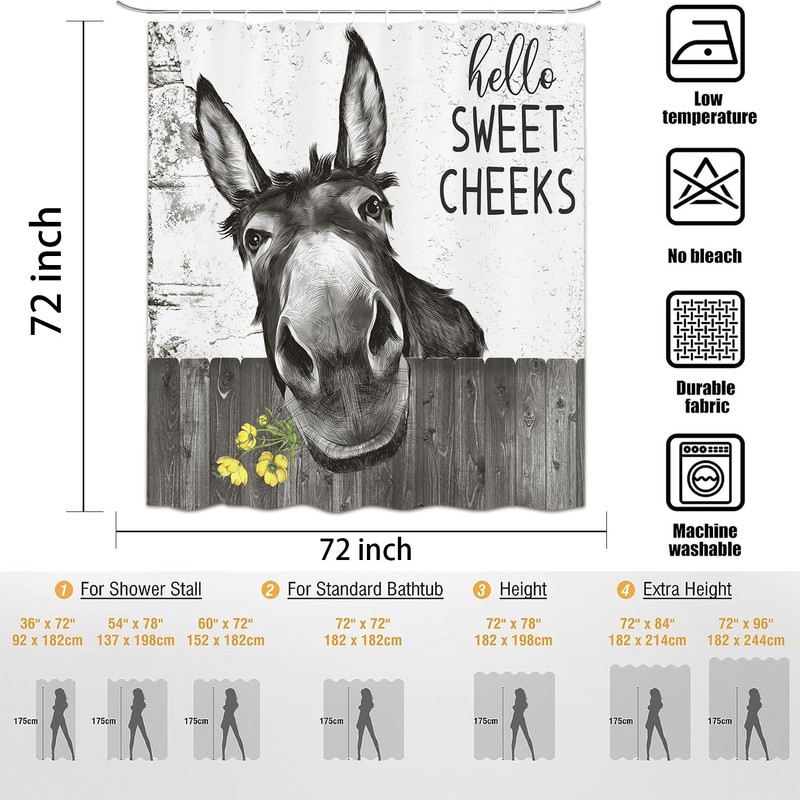 Emwnodti Funny Donkey Rustic Shower Curtain, Fun Cute Animal Farmhouse