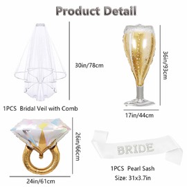 4PCS Pearl Bride to Be Sash and Veil Bride Ring Champagne Balloons Bridal Shower Sashes and Veils Accessories for Bachelorette Engagement Wedding Party Decorations