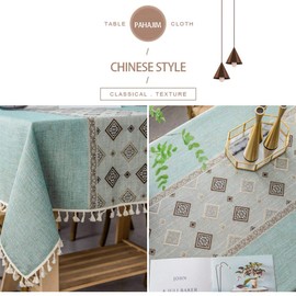 Pahajim Burlap Tablecloths for Rectangle Tables Table Cloths for Kitchen Dining Table Cloth Cotton Linen Tablecloth Thanksgiving Christmas (Light Green,Chinese Style,Square, 55 x 55 Inch)