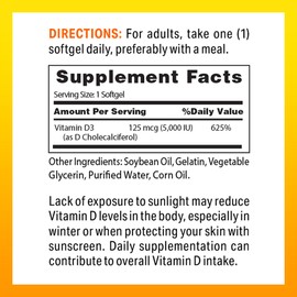 Vitamin World Vitamin D3 5000 IU 100 Softgels, Mega-Potency, Bioavailable, Promotes Bone Health, Helps Support Immune System, Rapid-Release, Gluten Free