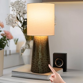 Qingjiamen Touch Lamps for Nightstand, Gold Bedside Lamp Touch Control for Bedroom with Linen Shade, Mid Century Modern 13 inch Small Table Lamp (Bronze Cylinder - 1Pack)