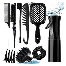 16 Pcs Kit Profesional De Peines Y Cepillos Para Cabello, Juego Completo Para Estilizar Y Herramientas Para Peinado, Húmedo Y Seco, para Pelo Fino Y Grueso Peine Cepillo de Cerdas (Negro)