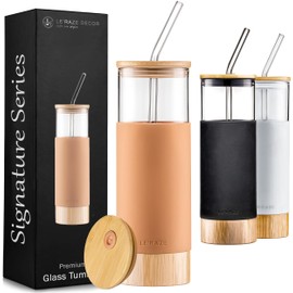 Premium Amber Glass 20oz Glass Tumbler Cup | with Straw, Bamboo Lid, Bamboo Base, Protective Silicone Sleeve, BPA Free, Growler Water Bottle, Reusable Drinking Glasses Cup, for Iced Tea, Coffee, Smoothie