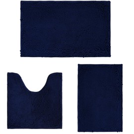Flotstiga Bathroom Rugs Sets 3 Piece,Super Absorbent Soft,Thick,Machine Washable Chenille Bath Mat,Non Slip Toilet Floor Rug,Bath Mats for Bathroom,16x24 Plus 20x32 Plus 20x20 U Shape,Navy Blue