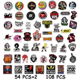 Rock Band Stickers, Pack of 108 Classic Rock Stickers, Rock Band Punk Sticker Set, Heavy Metal Punk Music Band Sticker Bomb, Vinyl Waterproof Sticker for Guitar, Laptop, Skateboard, Luggage
