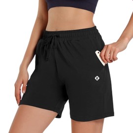 Ksmien Bermudas de algodón de punto para mujer con bolsillos profundos para mujer, sala de estar, caminar, correr, atletismo, Negro, S