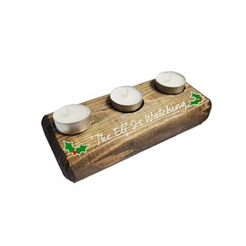 Holiday Sayings (Funny & Festive) Home Decor, 3 Tea Light Candle Holder, Deep Green Stained Wood (Espresso Brown, The Elf is Watching)