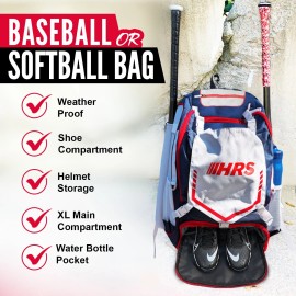 HRS Baseball Or softball Navy Blue/Red/White  Bat Bag Backpack - Hold Up To 4 Bats
